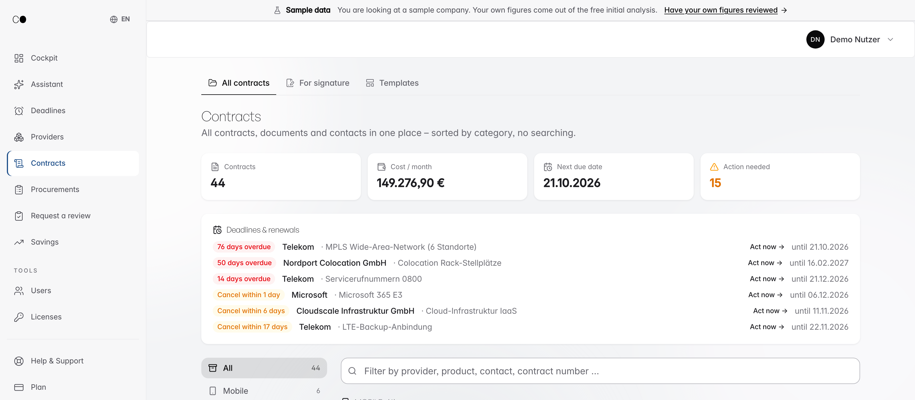 CommsOS Contracts: all contracts with costs, due dates and upcoming notice deadlines at a glance